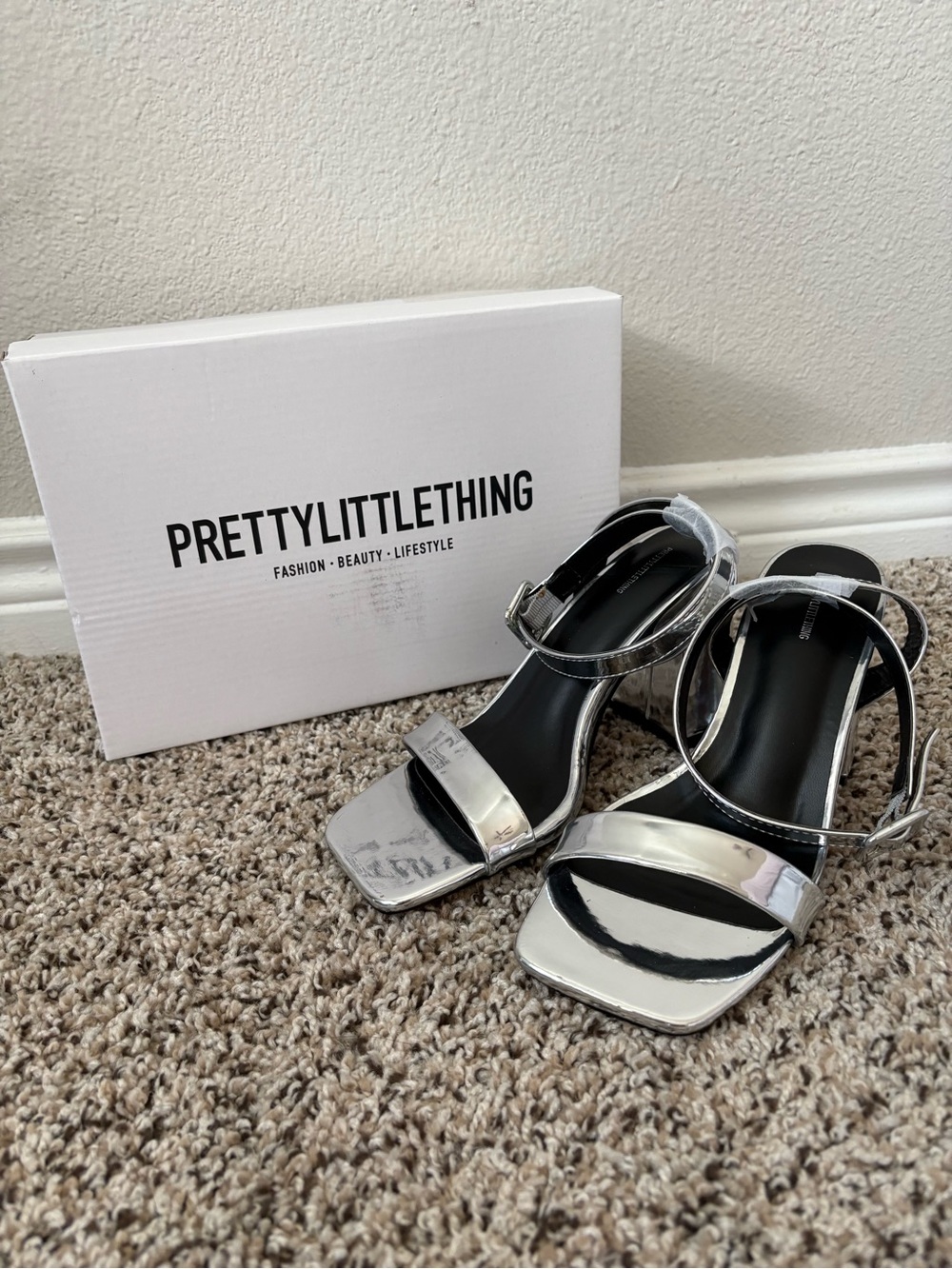 PrettyLittleThing Silver Metallic Square Toe Block Heel Sandals
